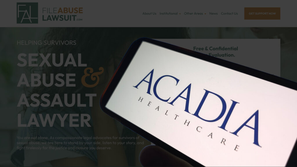Acadia logo on phone over abuse lawyer website - Child Sexual Abuse Lawsuits Filed Against Lakeland